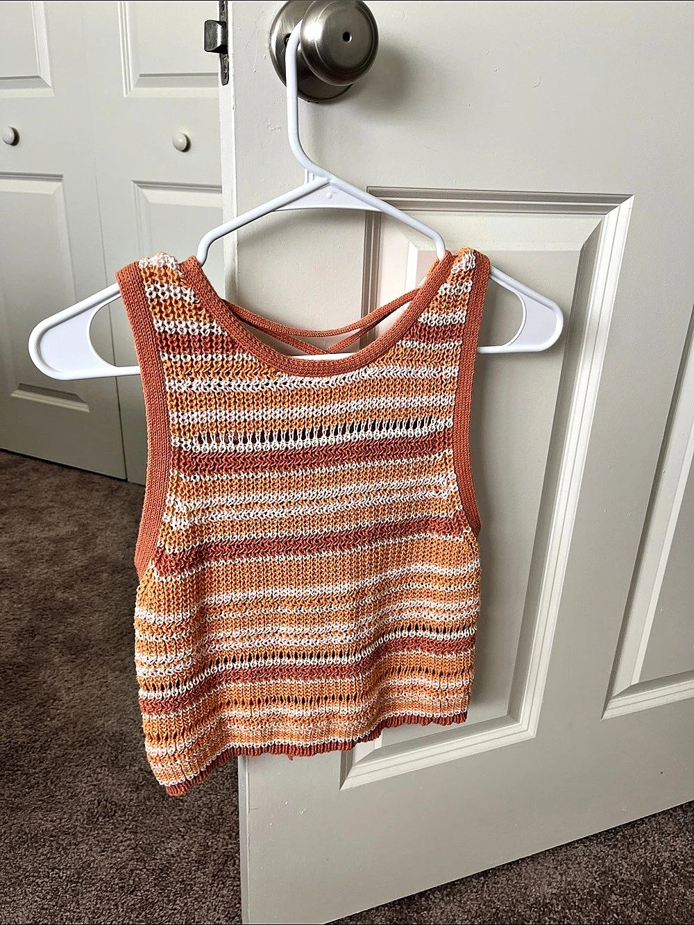Striped Knit Tie-Back Tank in Orange & White Like New